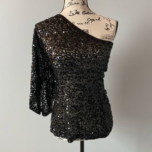 One Shoulder Black Sequins Top